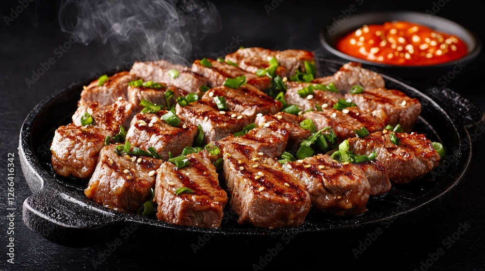 Deliciously grilled steak slices garnished with green onions served on a sizzling platter with spicy sauce. Deliciously grilled steak slices garnished with green onions served on a sizzling platter with spicy sauce.