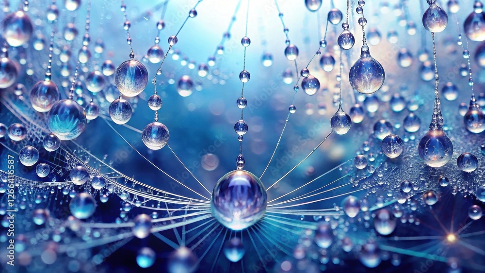 Naklejka premium A mesmerizing display of iridescent water droplets clinging to delicate, web-like strands, reflecting a vibrant, ethereal blue light.