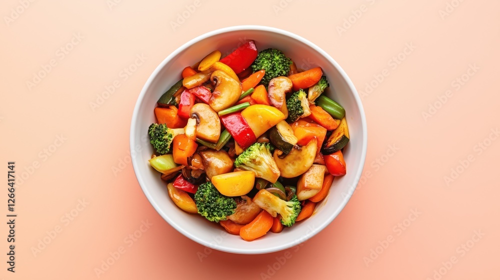 A vibrant bowl of mixed vegetables, including broccoli, peppers, and carrots, served on a soft peach background. A vibrant bowl of mixed vegetables, including broccoli, peppers, and carrots, served on a soft peach background.