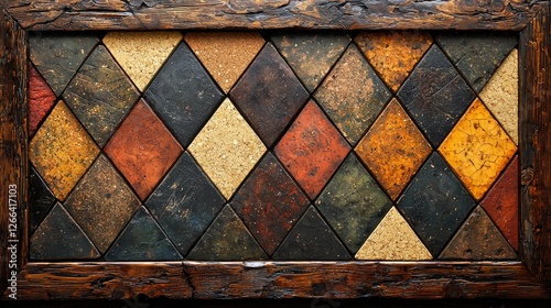 Colorful diamond-patterned wall decor featuring textured tiles in earthy tones and rustic frame