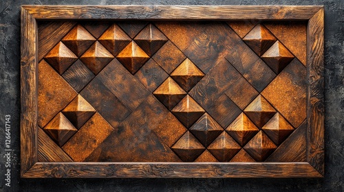 Intricate wooden wall art featuring geometric patterns and textures in a rustic setting