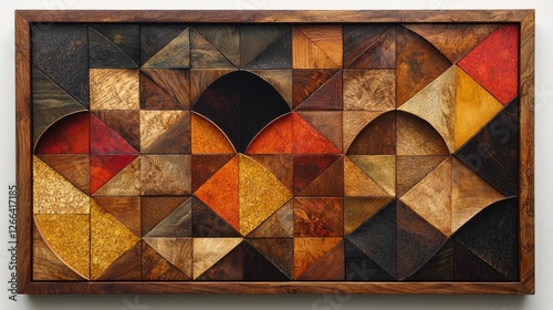 Abstract wooden wall art featuring geometric patterns in warm tones, enhancing interior aesthetics