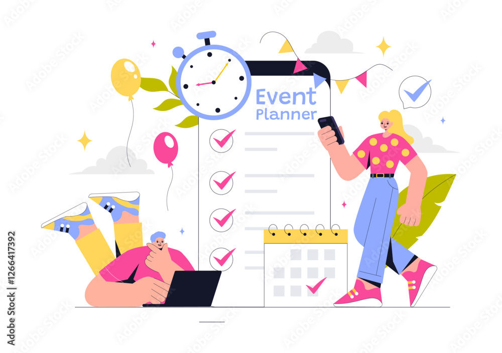 Event Planner Vector Illustration featuring Party Decorations, Scheduling, Time Management, Business Agenda, and a Calendar in a Flat Style Background Event Planner Vector Illustration featuring Party Decorations, Scheduling, Time Management, Business Agenda, and a Calendar in a Flat Style Background
