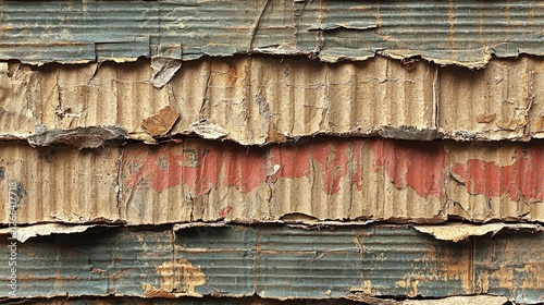 Close-up of weathered, peeling paint on corrugated metal showcasing texture and color variations