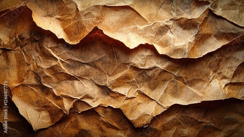 Close-up of crumpled brown paper texture showcasing intricate folds and shadows