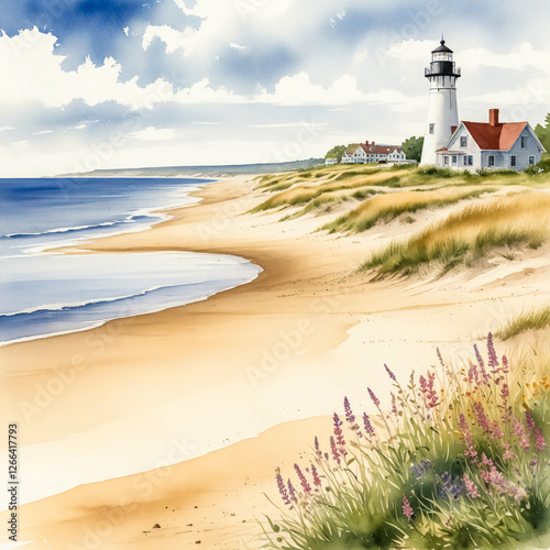 watercolor illustration of Westerly, Rhode Island, featuring the stunning Misquamicut State Beach photo