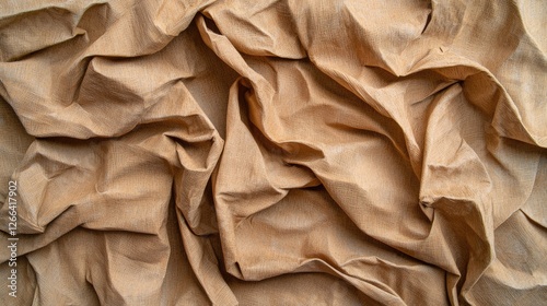 Close-up view of crumpled beige fabric showcasing texture and natural folds, ideal for backgrounds