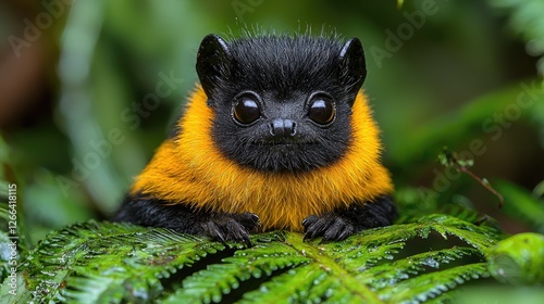 Adorable animal with vibrant orange and black fur resting on lush green foliage in a natural setting