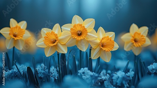Vibrant daffodils blooming in a serene garden setting with soft blue tones in the background