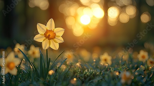 Beautiful daffodil flower blooming in a sunlit meadow during golden hour, surrounded by nature