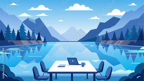 Uninterrupted views of the lake and its surrounding mountains provide a scenic backdrop for conference calls and virtual meetings.. Vector illustration