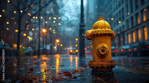 Vibrant yellow fire hydrant standing in a rainy urban street with glowing city lights at dusk