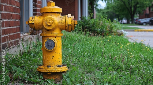 A close-up view of a weathered yellow fire hydrant beside lush green grass in an urban setting