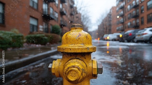Yellow fire hydrant in a rainy urban street with apartment buildings and parked cars in background