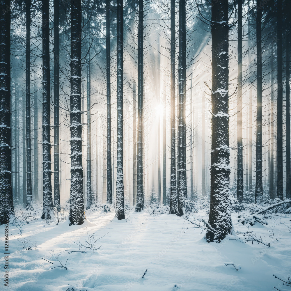 Fototapeta premium Sunlit winter forest, snow-covered trees, serene landscape -ai