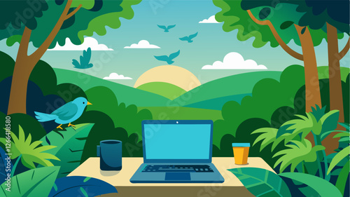 With the sound of chirping birds in the background a laptop sits on a veranda offering a picturesque view of a lush jungle.. Vector illustration