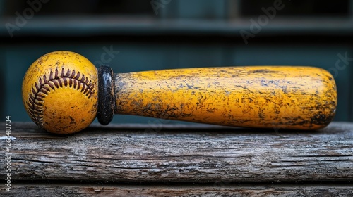 Vintage yellow baseball bat and ball resting on a rustic wooden surface outdoors