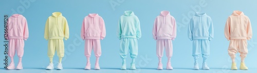 A minimalist display of colorful, headless outfits in pastel hues against a soft blue background, showcasing modern fashion trends.