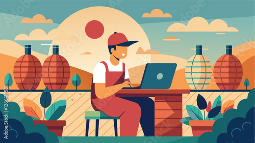 Wedged between vineyards and wine barrels a freelancer taps away on their keyboard finding inspiration in the tranquil setting of the vineyard café.. Vector illustration