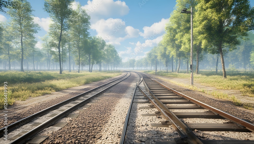 Sunny forest railroad tracks curving into distance Sunny forest railroad tracks curving into distance
