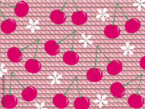さくらんぼと白いお花のチェック柄壁紙