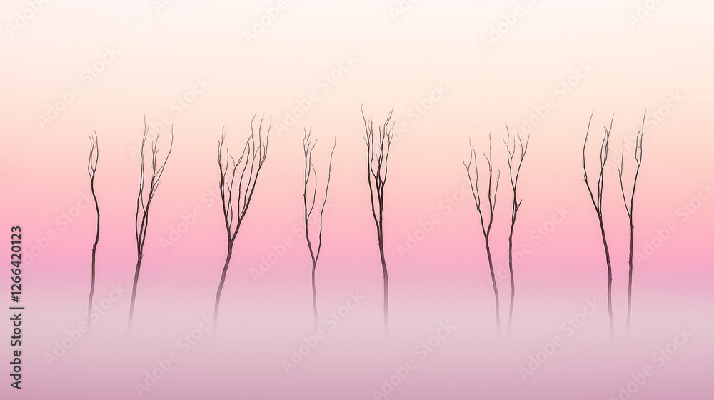 Pink dawn mist shrouds leafless trees -ai Pink dawn mist shrouds leafless trees -ai