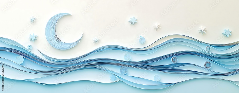 Fototapeta premium Crafted Colorful Paper Quilling Techniques Textured Layers A serene wave design featuring moon, stars, and flowing lines in calming blue tones.