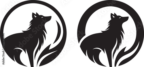Two stylized wolf silhouettes in oval frames.