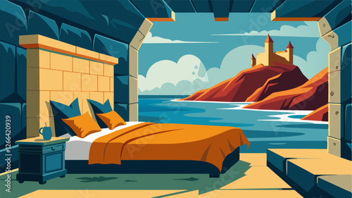 Work from your luxurious kingsized bed surrounded by stone walls and a panoramic view of the rugged coastline.. Vector illustration