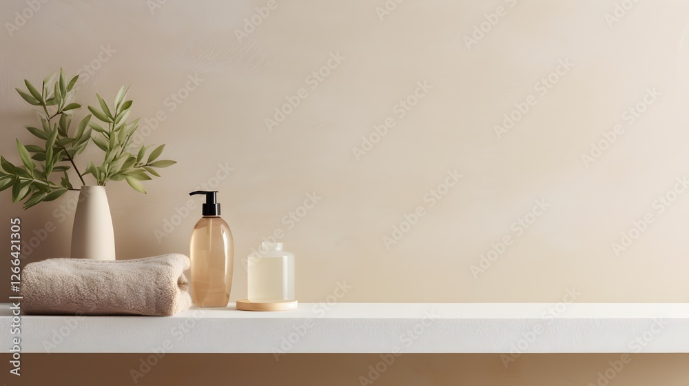 Tranquil Beige Bathroom Shelf Spa Products Towel and Greenery Tranquil Beige Bathroom Shelf Spa Products Towel and Greenery