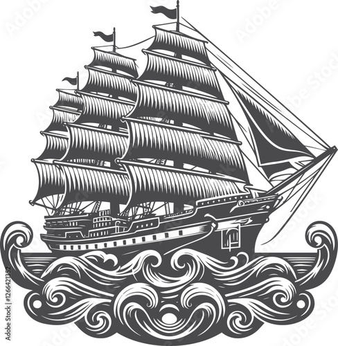 Vintage three-masted sailing ship at sea.