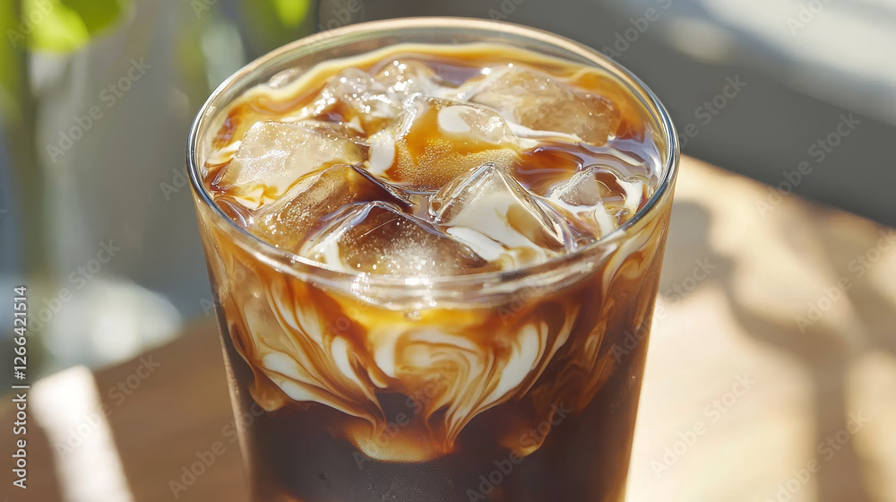 Iced coffee with cream swirls and ice cubes in a glass -ai Iced coffee with cream swirls and ice cubes in a glass -ai