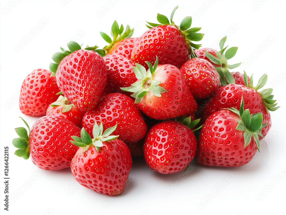 A Beautiful Array of Fresh, Ripe Strawberries with Green Leaves on a White Background, Perfect for Culinary and Health-Related Stock Images A Beautiful Array of Fresh, Ripe Strawberries with Green Leaves on a White Background, Perfect for Culinary and Health-Related Stock Images
