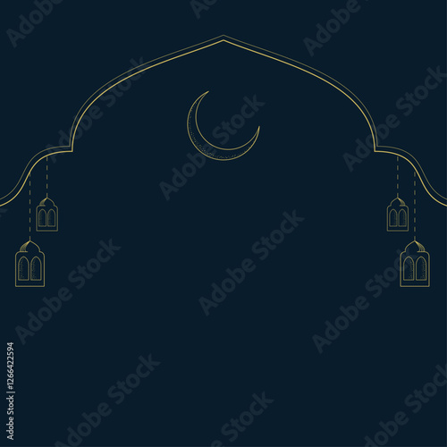 islamic concept banner with gold frame, arab window on dark background with copy space. Hanging golden