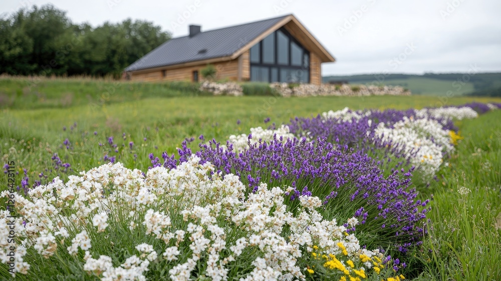 Modern cabin, lavender field, rural landscape, idyllic setting, real estate Modern cabin, lavender field, rural landscape, idyllic setting, real estate