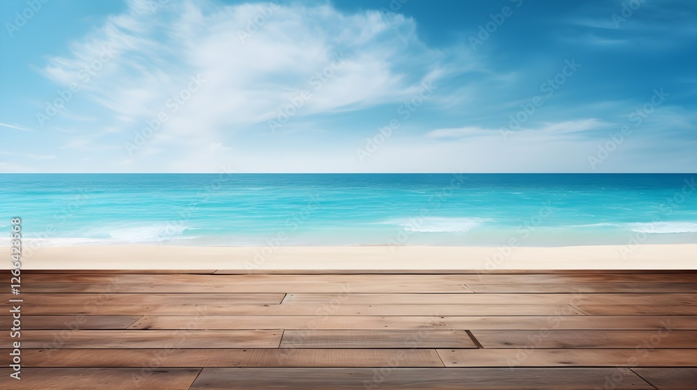 Fototapeta premium Serene Beachscape Wooden Deck Overlooking Turquoise Ocean and Sandy Shore