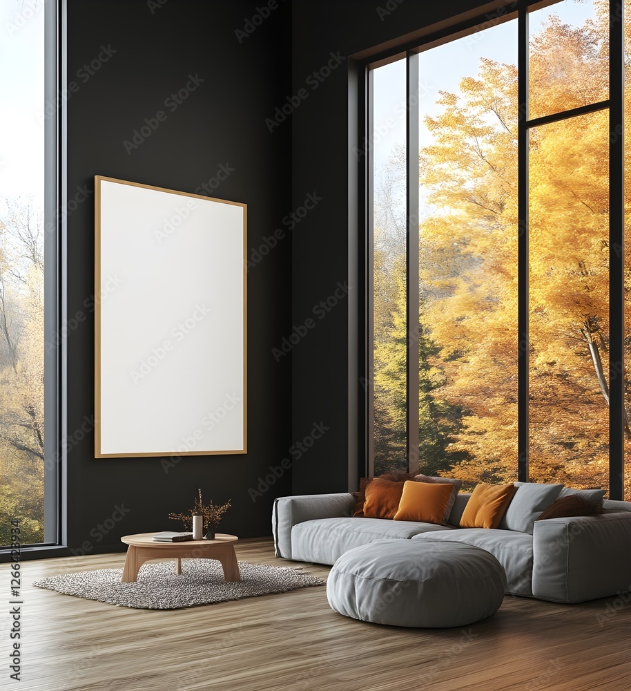Fototapeta premium Modern living room with autumnal view, cozy sofa, and large frame.