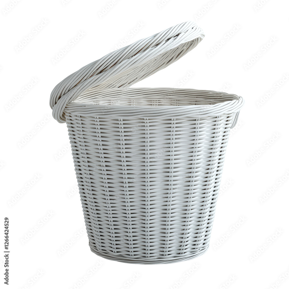 Obraz premium White Woven Basket with Lid Isolated on Clean Transparent background for Storage or Decorative Use