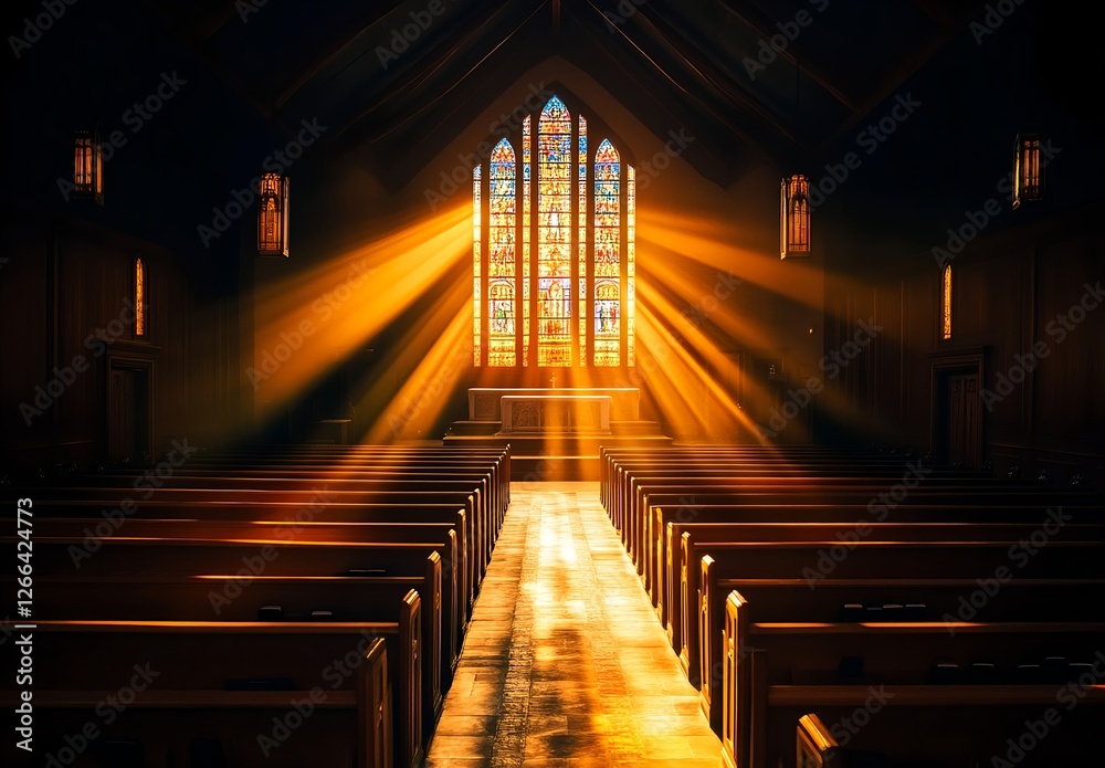 Fototapeta premium Sunbeams illuminate an empty church, casting a golden glow on the wooden pews and stained glass window. Serenity.