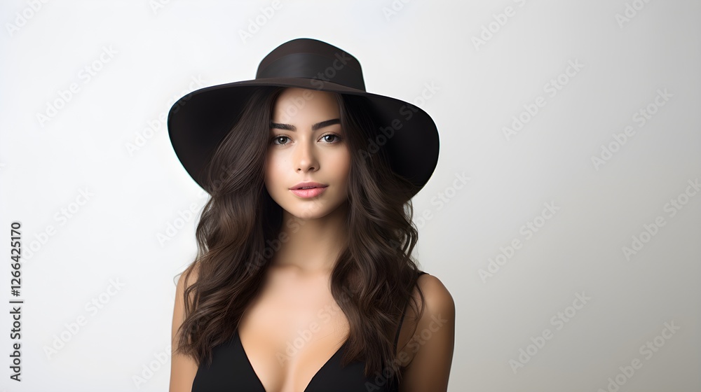 Beautiful Woman with Long Brown Hair Wearing a Stylish Black Wide Brim Hat Beautiful Woman with Long Brown Hair Wearing a Stylish Black Wide Brim Hat