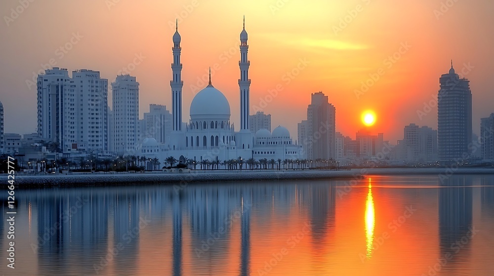 Fototapeta premium Sunrise Mosque Cityscape Reflection