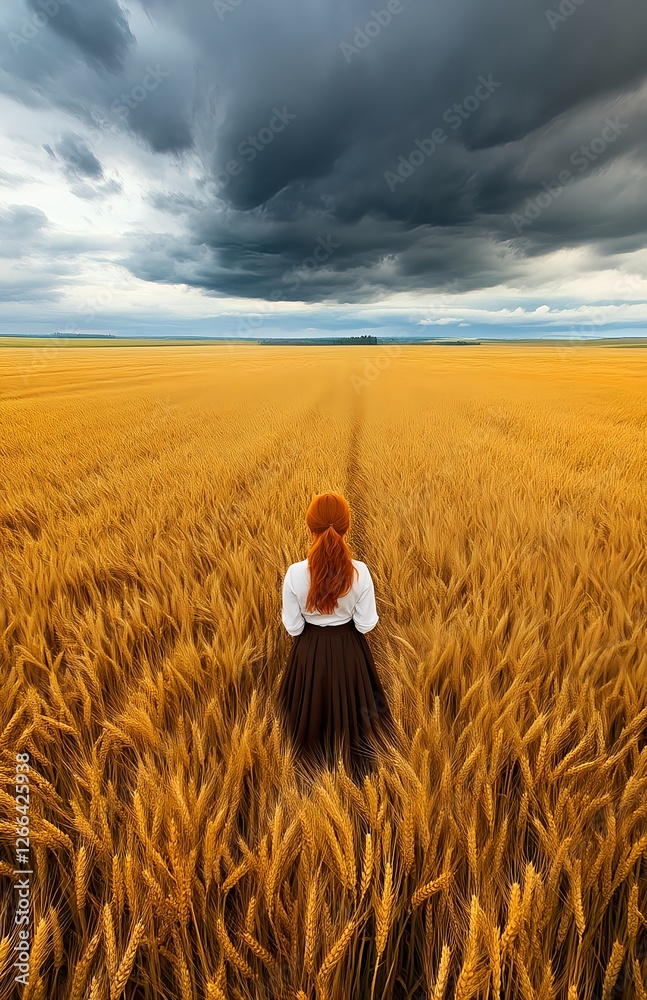 Golden Wheat, Ominous Skies: A redhead woman stands in a vast field, facing a dramatic storm. Golden Wheat, Ominous Skies: A redhead woman stands in a vast field, facing a dramatic storm.
