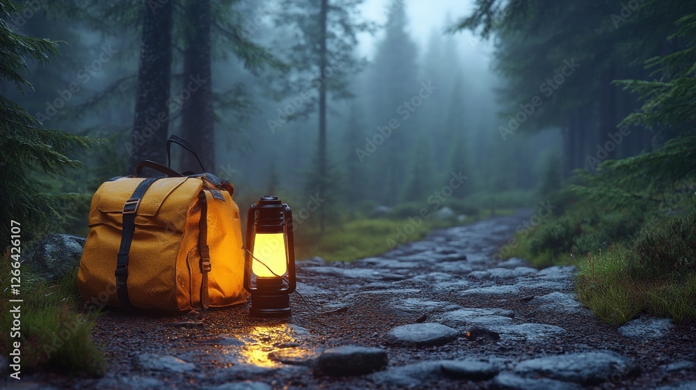Fototapeta premium Misty mountain path, backpacks and lantern, night hike