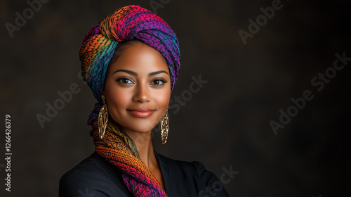 an attractive female african american executive assistant, with deeply colored rainbow braids, facing the camera squarely photo