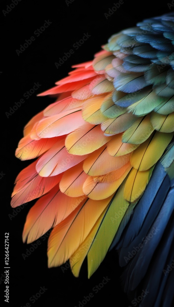 Obraz premium Vibrant parrot feathers close-up against black background