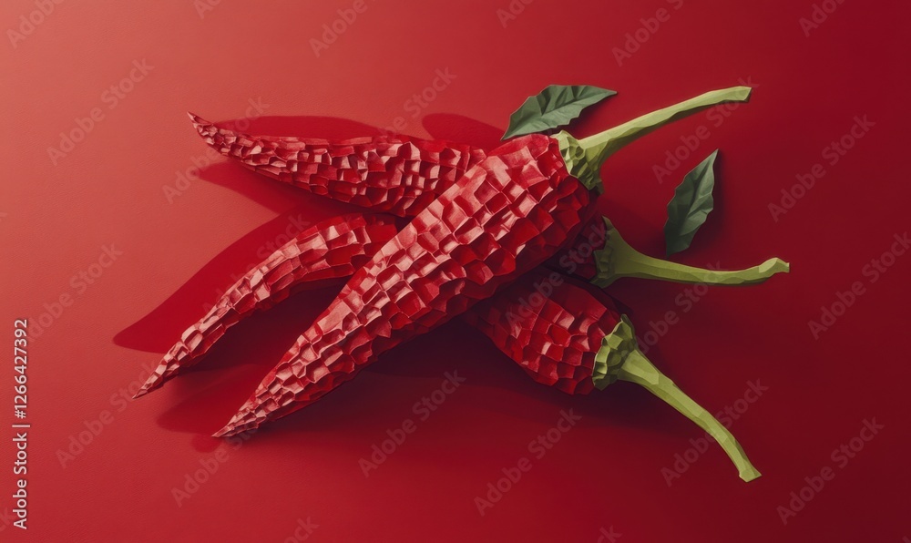 Three vibrant red chili peppers with textured skin and green leaves on a deep red background