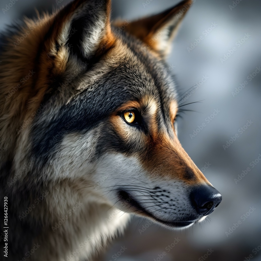 Fototapeta premium Majestic Wolf Portrait: Striking Eyes, Dramatic Fur, Intense Gaze