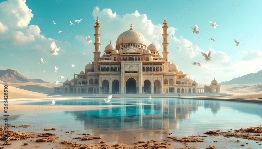 Naklejka premium Serene Desert Mosque: Majestic Architecture, Peaceful Doves, Tranquil Oasis