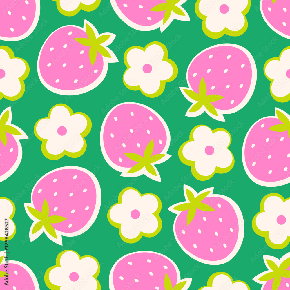 Cute strawberry and flower  seamless pattern design background.