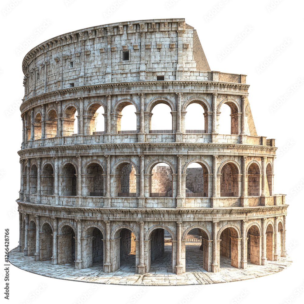 Obraz premium Isolated Ancient Amphitheater with Elegant Arches and Detailed Stonework under Clear Blue Sky